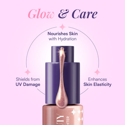 Dream Beauty Firstlight Liquid Highlighter in Lunar Glow, featuring a sleek bottle and a luminous glow for radiant skin.