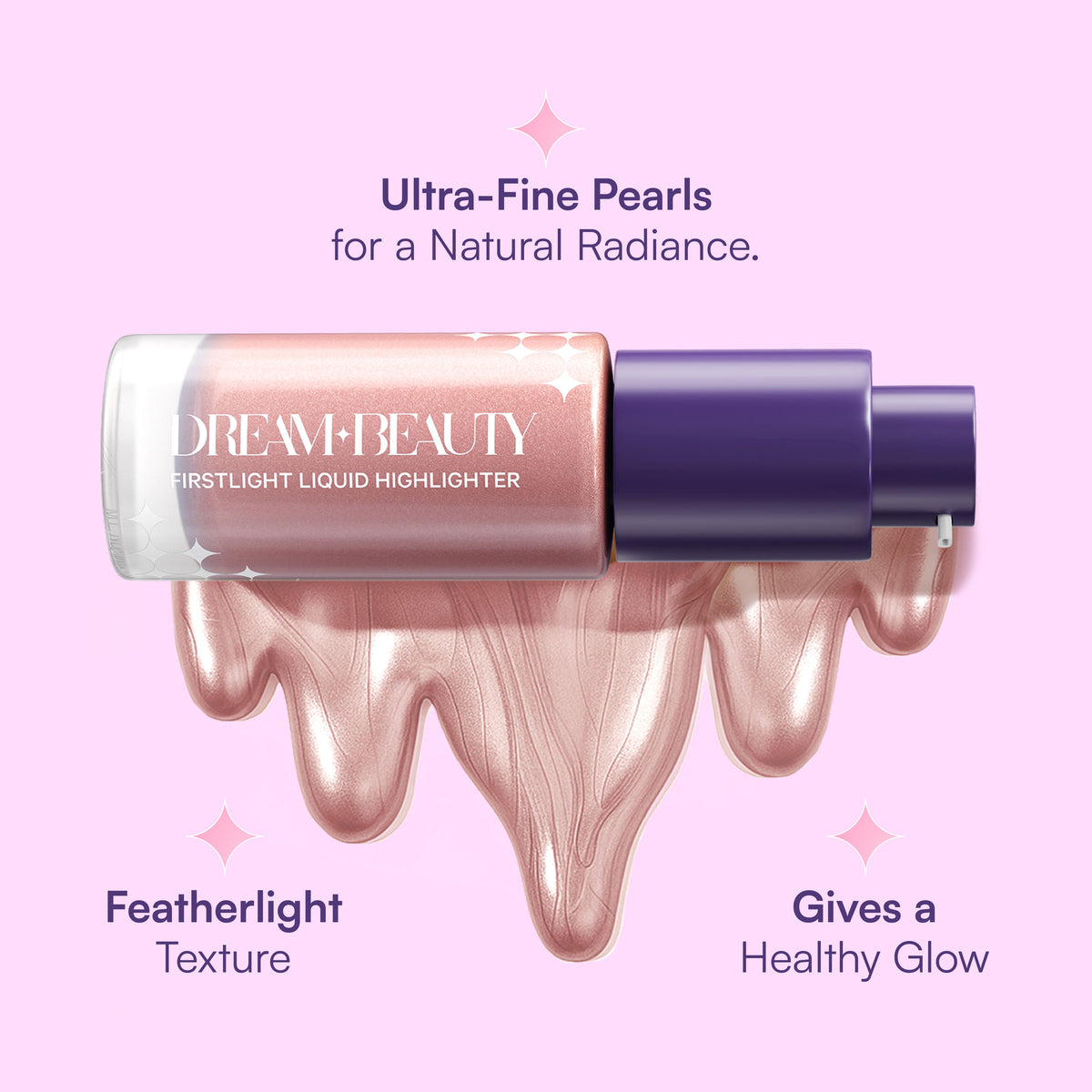 Dream Beauty Firstlight Liquid Highlighter in Lunar Glow with shimmering, luminous finish, featuring a sleek bottle and applicator.