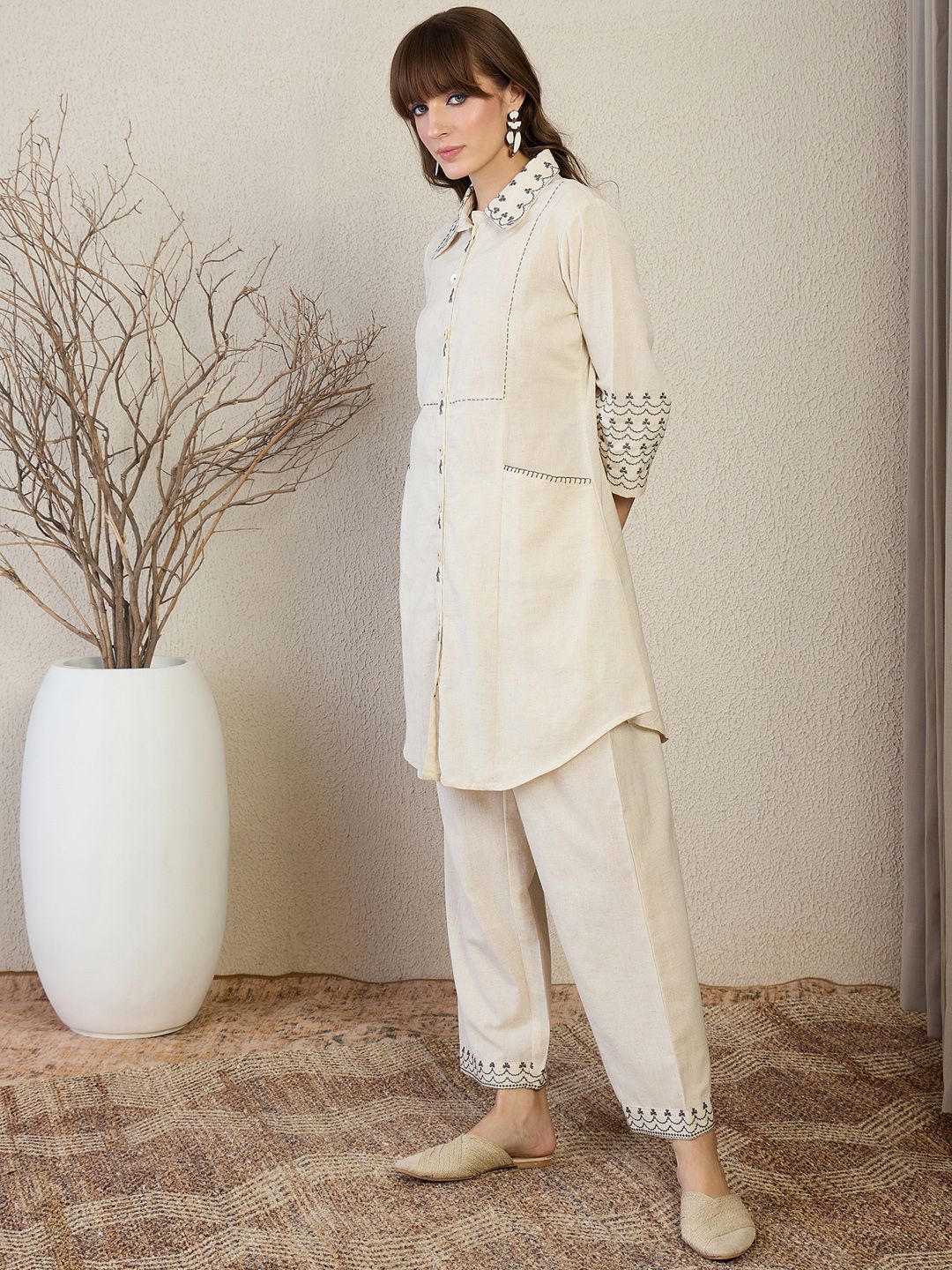 Dhiyona IE Embroidered Shirt Collar Top With Palazzos Co-Ords