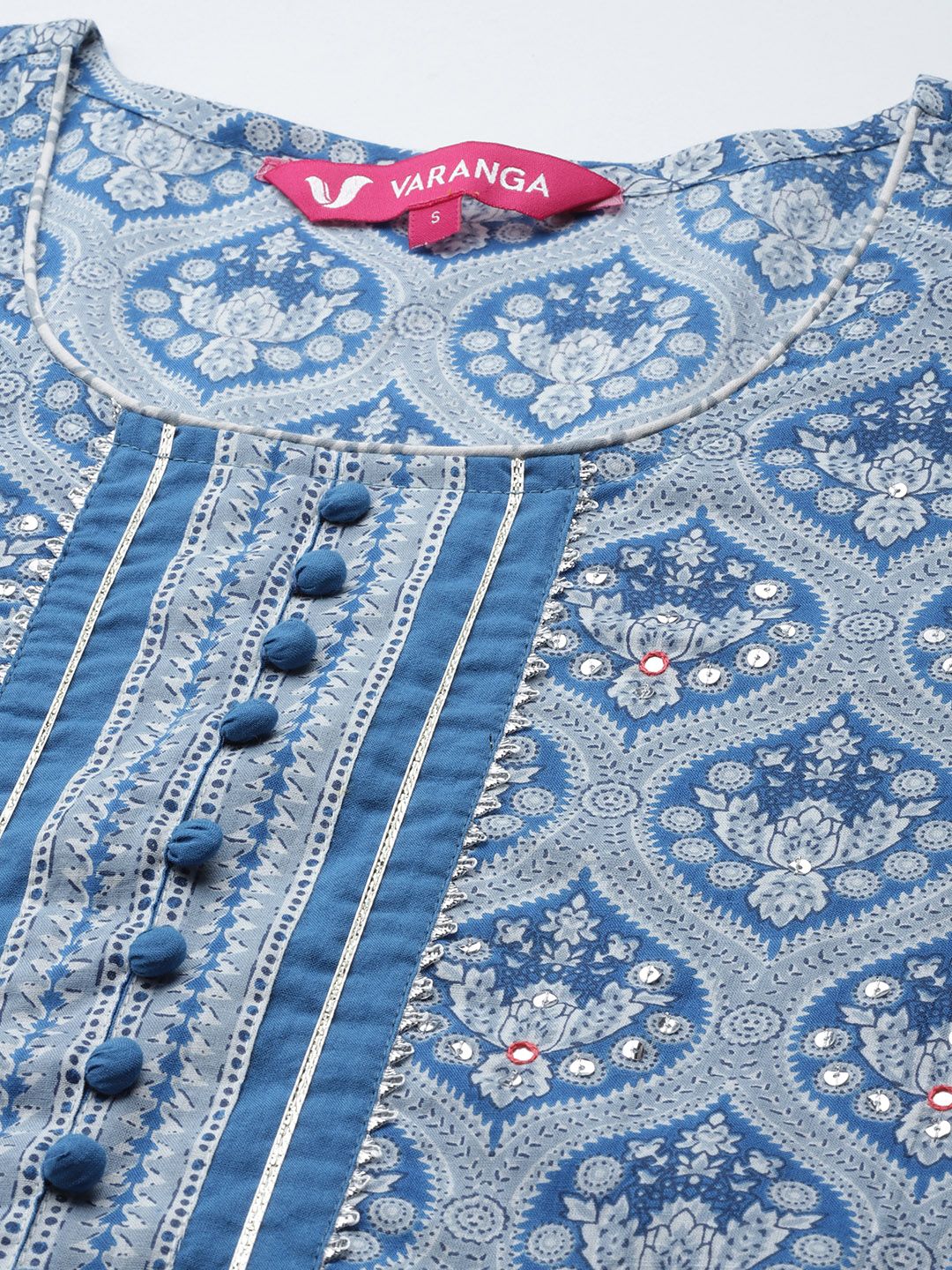 Indyancart VA Women's Blue & Grey Ethnic Printed Pure Cotton Kurta with Trousers & Dupatta