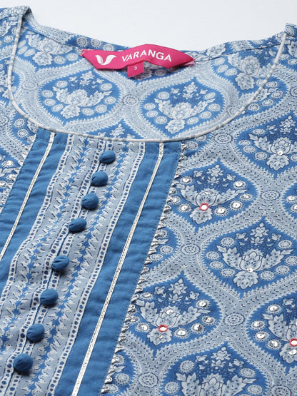 Indyancart VA Women's Blue & Grey Ethnic Printed Pure Cotton Kurta with Trousers & Dupatta
