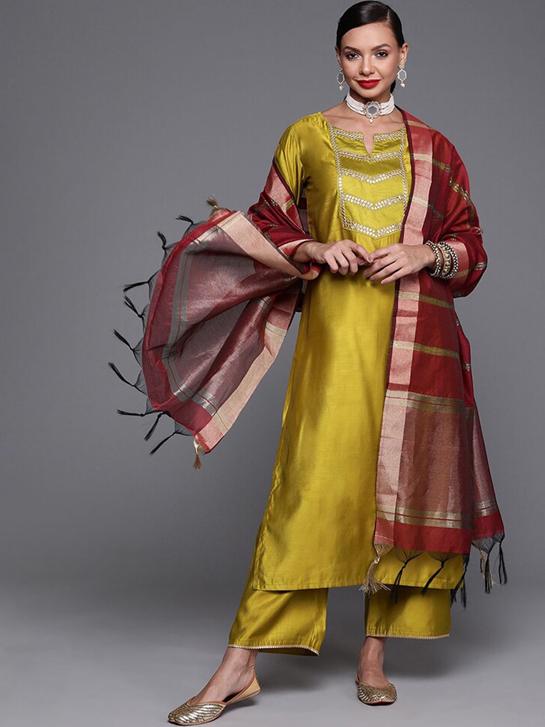 Indyancart IE Mustard Yellow & Maroon Yoke Design Liva Kurta with Trousers & Dupatta