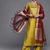 Indyancart IE Mustard Yellow & Maroon Yoke Design Liva Kurta with Trousers & Dupatta