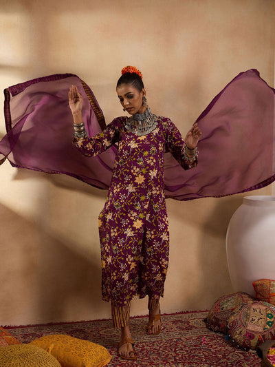 Indyancart IE Floral Printed Round Neck Three-Quarter Sleeves Pure Cotton Kurta Set