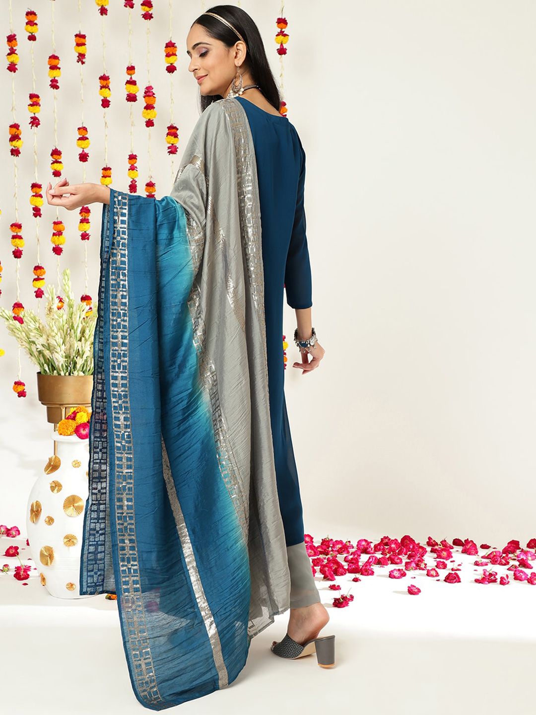 Indyancart VA Women'sEthnic motifs Embroidered Sequinned Straight Kurta & Sharara With Dupatta