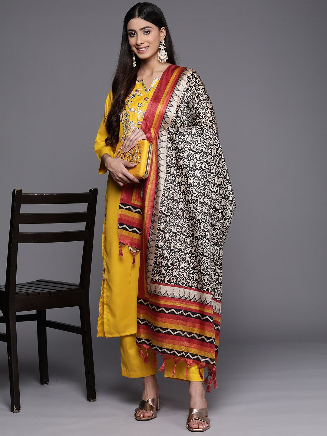 Indyancart VA Women'sFloral Yoke Design Gotta Patti Kurta with Trousers & With Dupatta