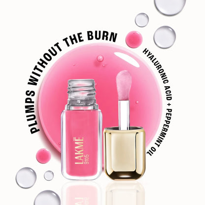 Lakme 9to5 HyaGloss Powerplump Lip Oil applied on lips, showcasing glossy finish and subtle color for a natural, enhanced look.