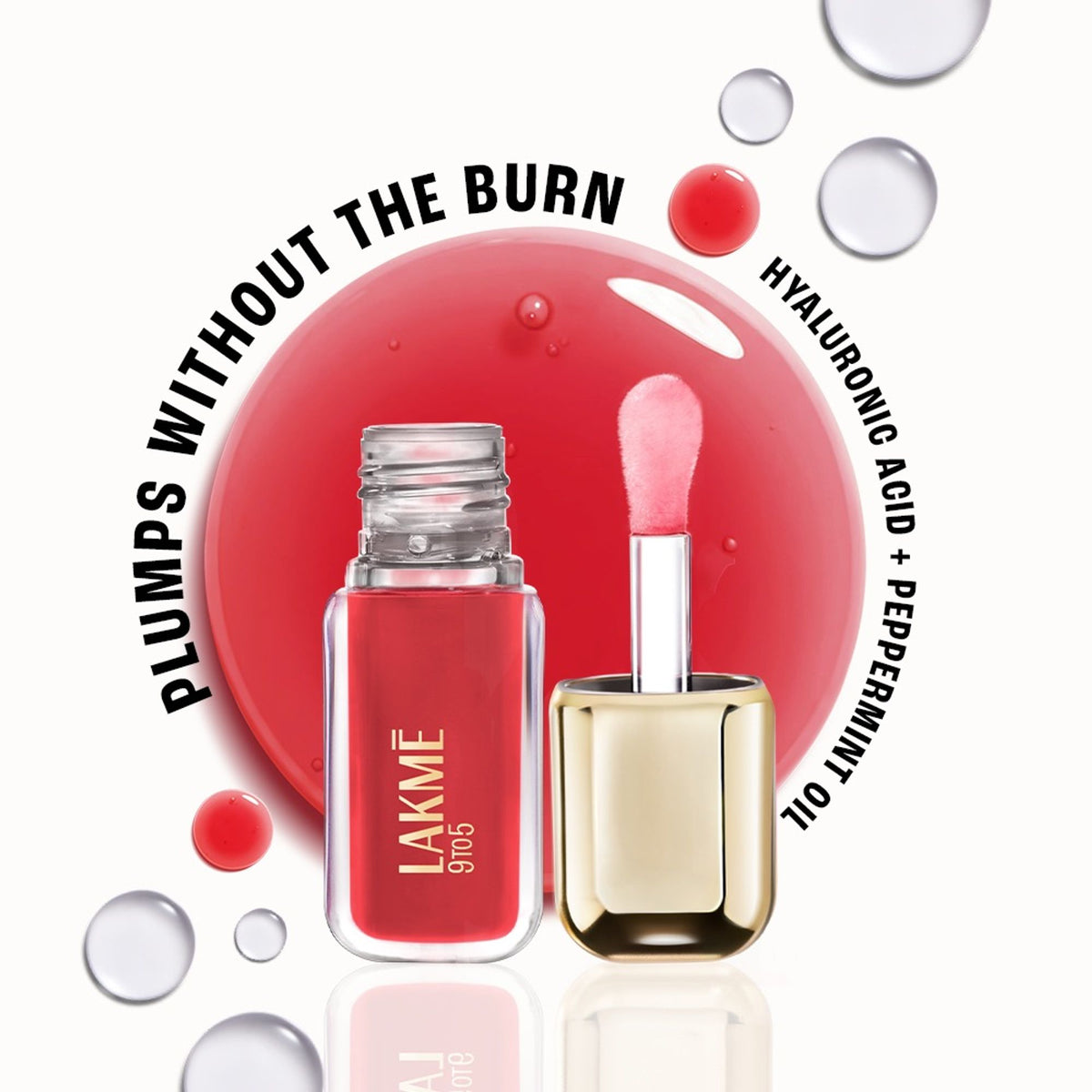 Lakme 9to5 HyaGloss Powerplump Lip Oil in Bosslady Brick, showing a close-up of the lip gloss applicator and the rich brick shade.