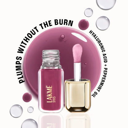 Lakme 9to5 HyaGloss Powerplump Lip Oil in Meetup Mauve, featuring a glossy mauve lip product with applicator and sleek packaging.