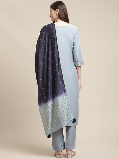 Indyancart VA Women's Grey & Navy Blue Floral Embroidered Kurti with Trousers & With Dupatta