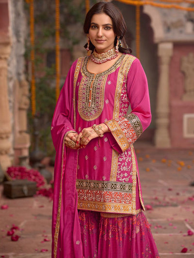 Indyancart IE Floral Embroidered Sequinned Chinon Straight Kurta With Sharara & Dupatta