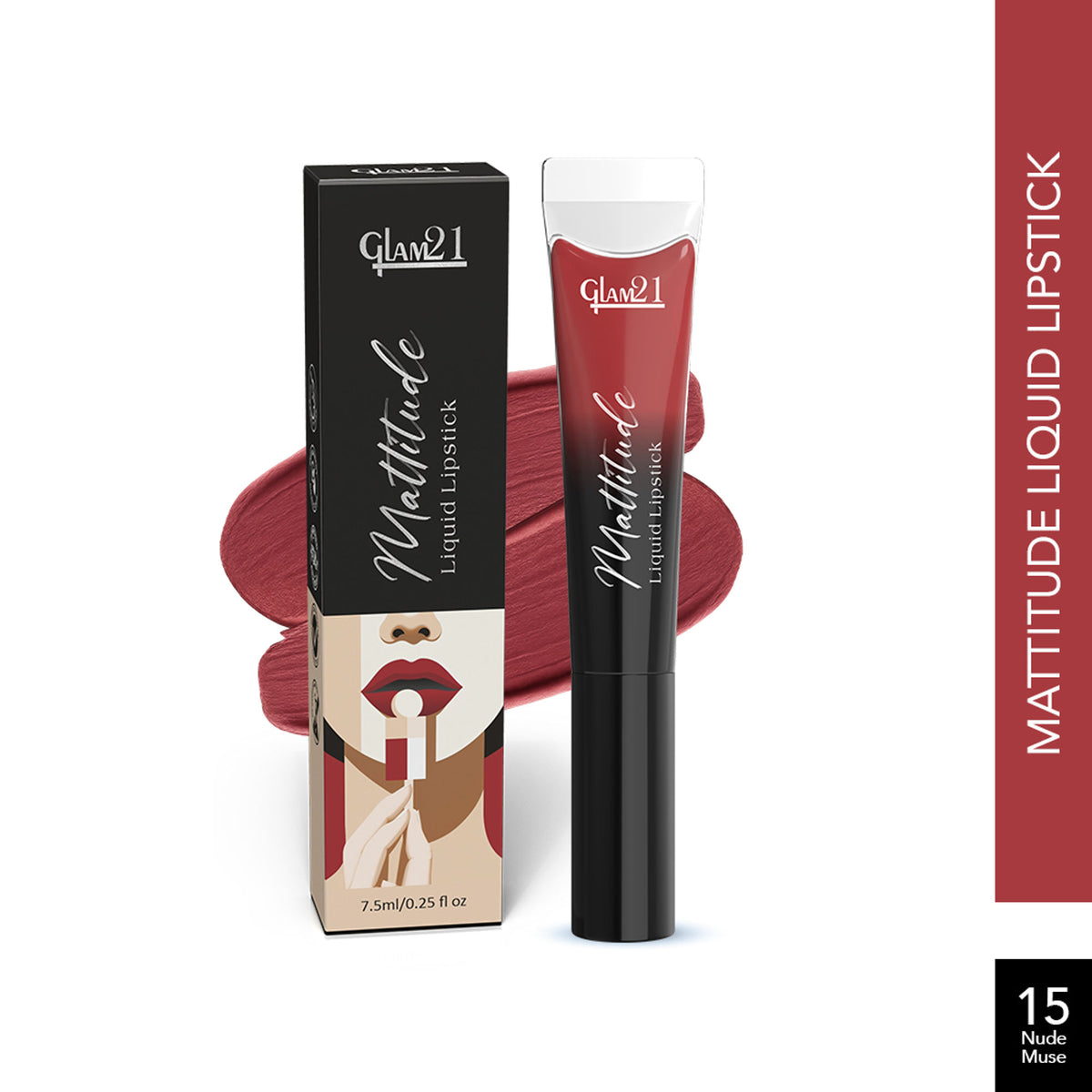 GLAM21 Mattitude Liquid Matte Lipstick Nude Muse in a soft nude shade, shown in a sleek tube with the applicator visible.
