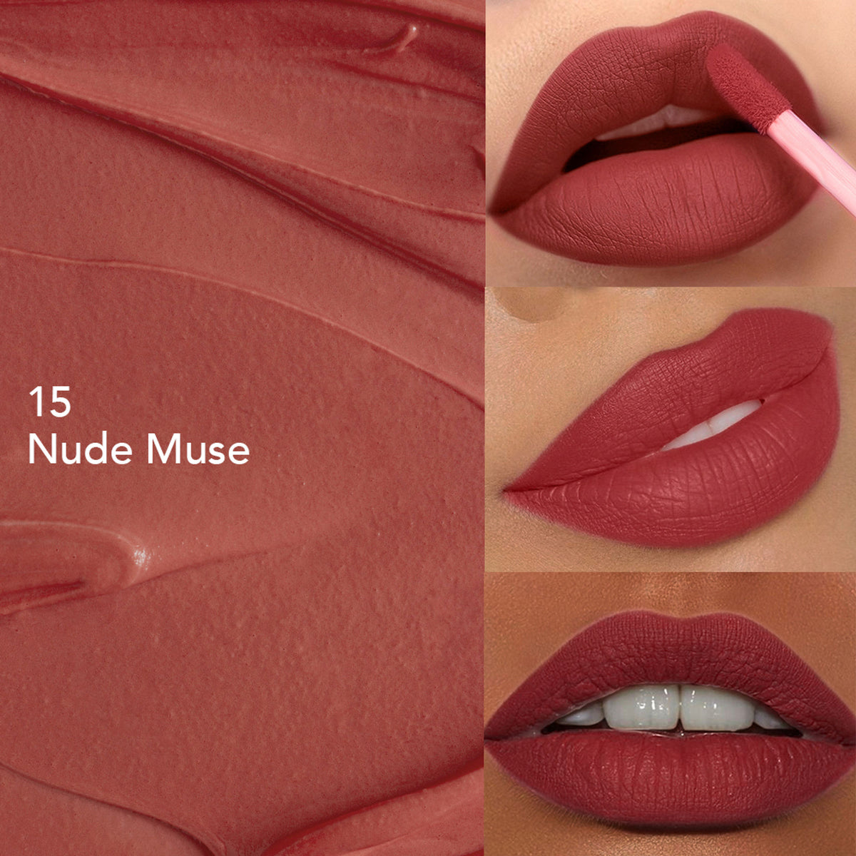 GLAM21 Mattitude Liquid Matte Lipstick in Nude Muse, showcasing the smooth, nude lipstick applicator and sleek packaging.