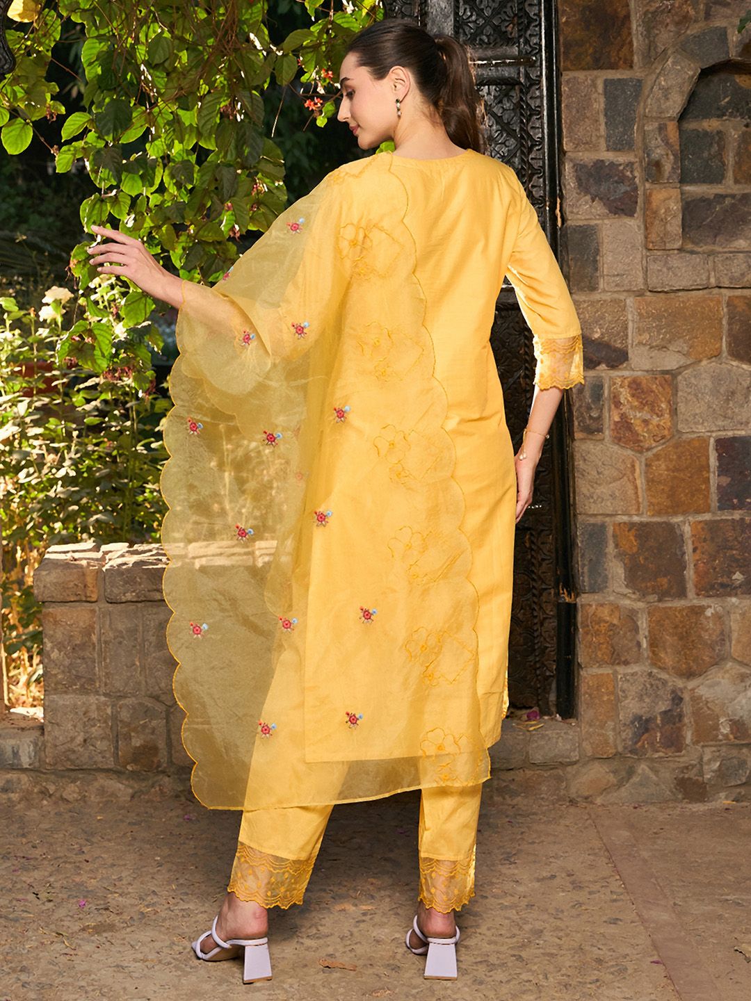 Floral Embroidered Pure Cotton Straight Kurta With Trousers & Dupatta