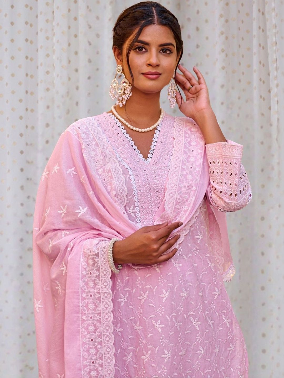 Women Ethnic Motifs Embroidered Regular Chikankari Pure Cotton Kurta with Trousers & With Dupatta