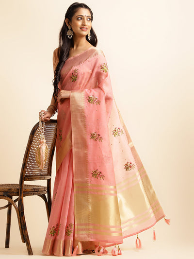 Indyancart GR Women's Kashmira Pink Cotton Silk Saree