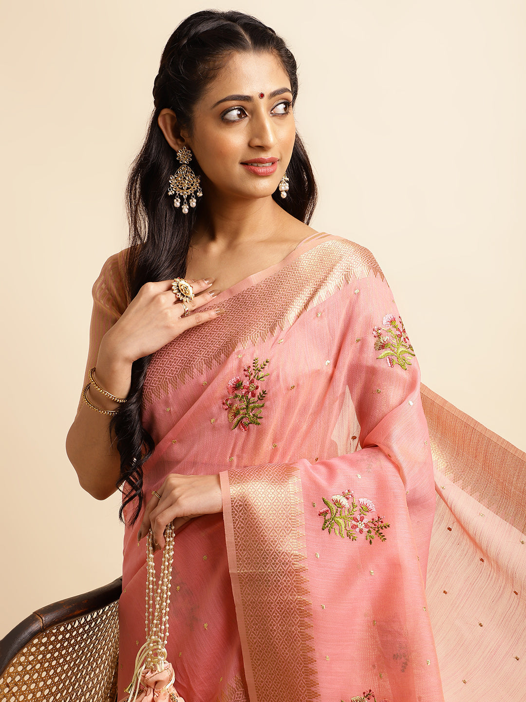 Dhiyona GR Women's Kashmira Pink Cotton Silk Saree