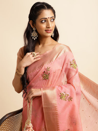 Indyancart GR Women's Kashmira Pink Cotton Silk Saree