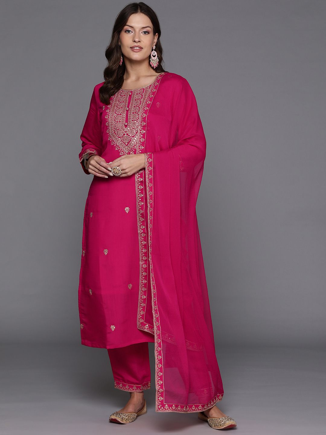 Dhiyona IE Women Ethnic Motifs Yoke Design Regular Sequinned Kurta with Trousers & Dupatta