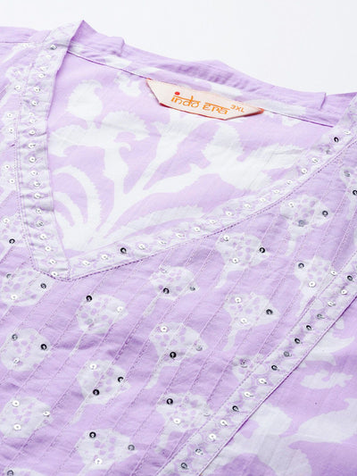 Dhiyona Women's Plus Size Floral Printed Sequinned Pure Cotton Kurta with Trousers & With Dupatta