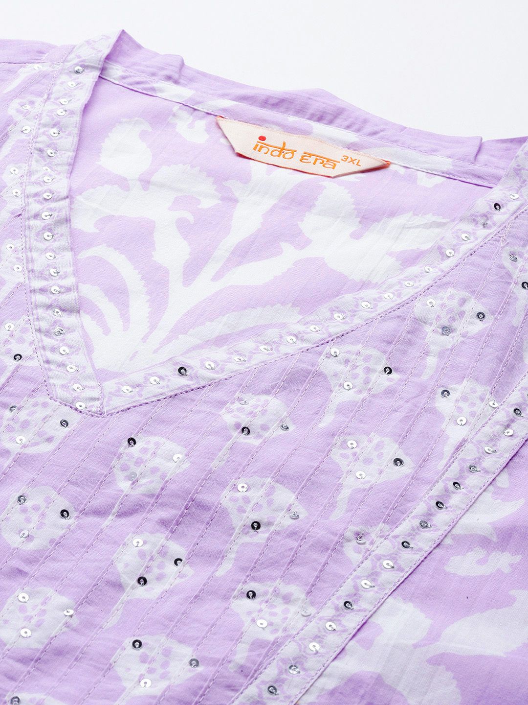 Indyancart Women's Plus Size Floral Printed Sequinned Pure Cotton Kurta with Trousers & With Dupatta