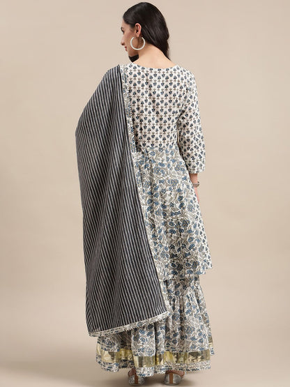 Indyancart VA Women's White Floral Printed Regular Pure Cotton Kurta with Palazzos & With Dupatta
