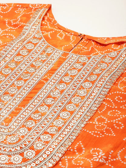 Indyancart IE Women Bandhani Printed Regular Sequinned Pure Cotton Kurta with Palazzos & With Dupatta