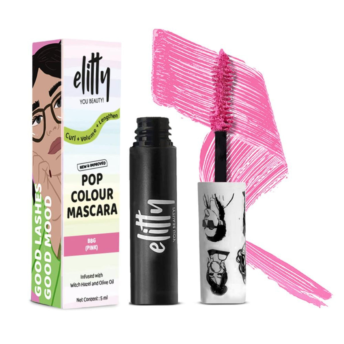 Elitty Eye Gotta Feeling Pop Lush Lashes Mascara applying black mascara to eyelashes, showcasing volumizing and lengthening effects.