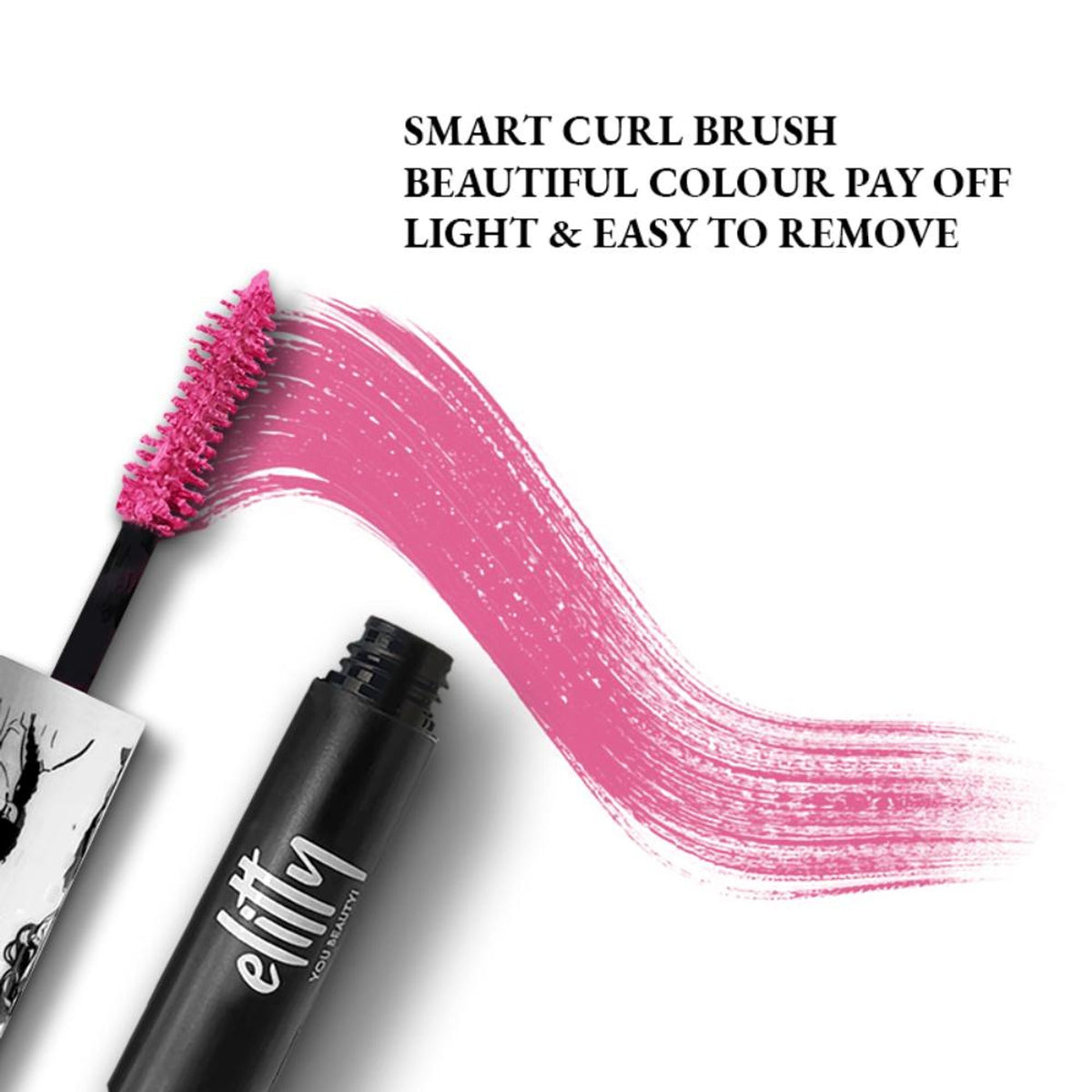 Elitty Eye Gotta Feeling Pop Lush Lashes Mascara in black, showcasing the mascara wand and volumized lash effect.