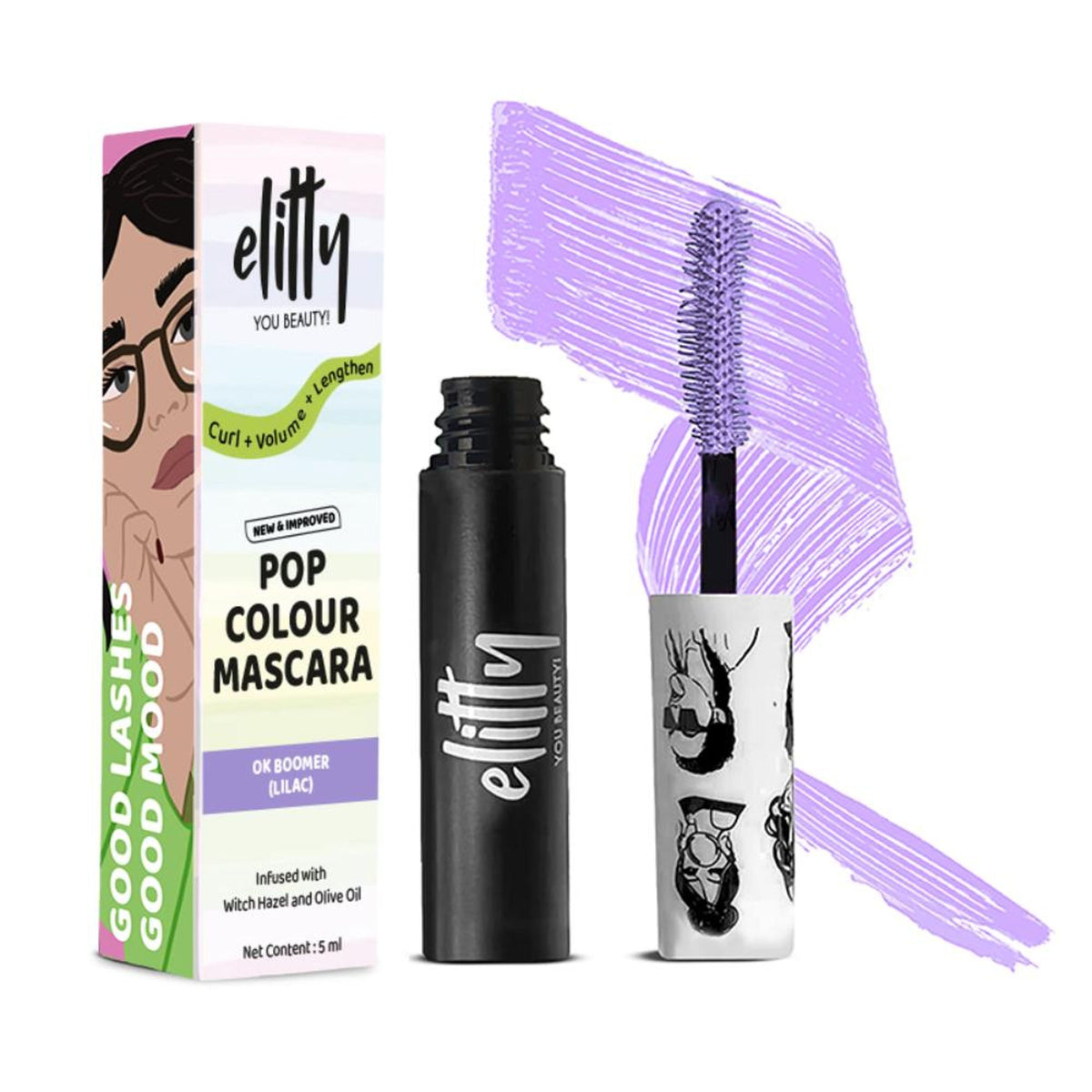 Elitty Eye Gotta Feeling Pop Lush Lashes Mascara in Ok Boomer with a sleek black tube and a brush applicator for voluminous lashes