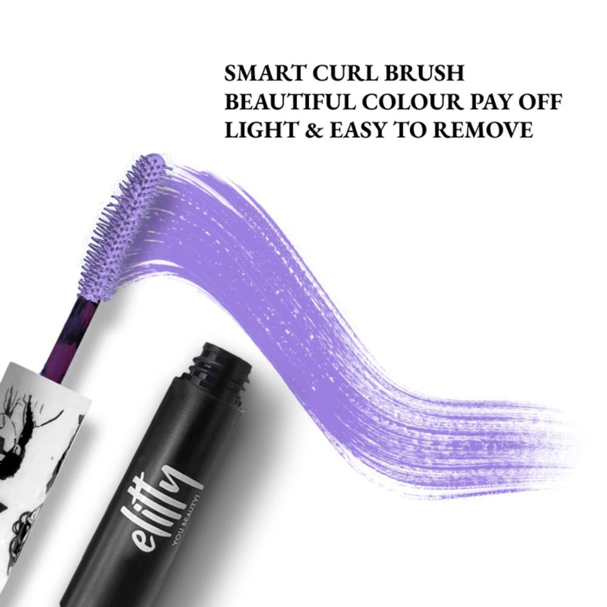 Elitty Eye Gotta Feeling Pop Lush Lashes Mascara in Ok Boomer, showcasing the mascara wand and lush, voluminous lashes.