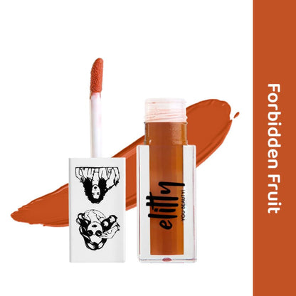 Elitty Forbidden Fruit matte liquid lipstick tube with applicator, showcasing vibrant deep red color and sleek packaging.