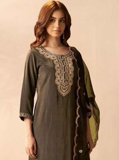 Women Ethnic Motifs Embroidered Regular Thread Work Liva Kurta with Trousers & With Dupatta