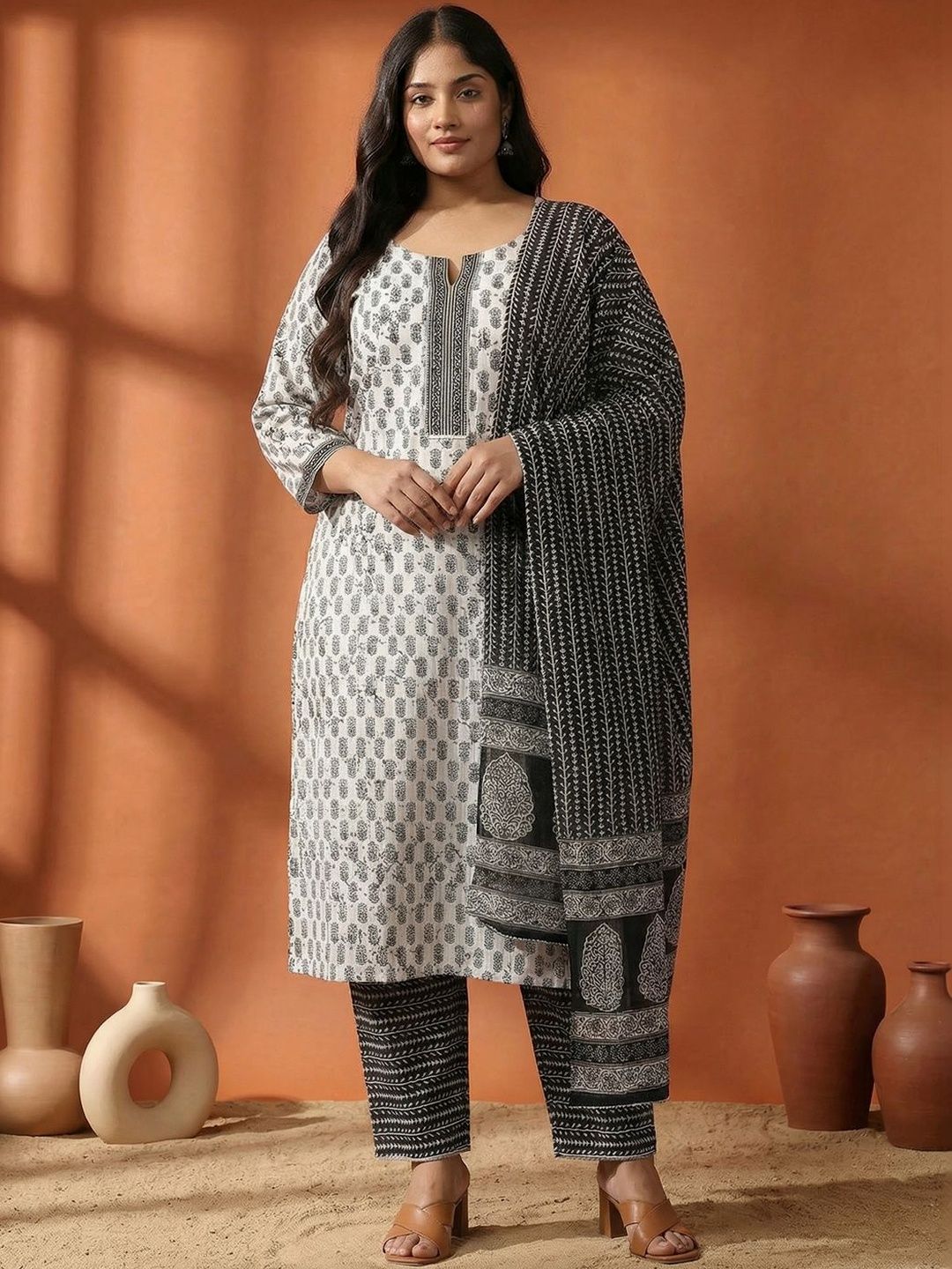 Indyancart Women's Ethnic Motifs Printed Regular Pure Cotton Kurta with Trousers & With Dupatta
