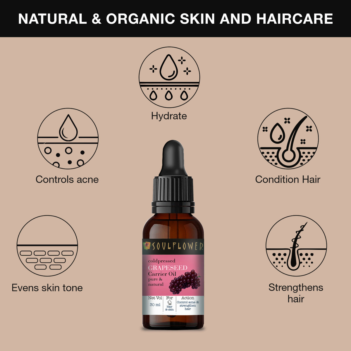 Soulflower Organic Grapeseed Face Serum & Carrier Hair Oil For Glowing Skin, Acne, Cold-Pressed