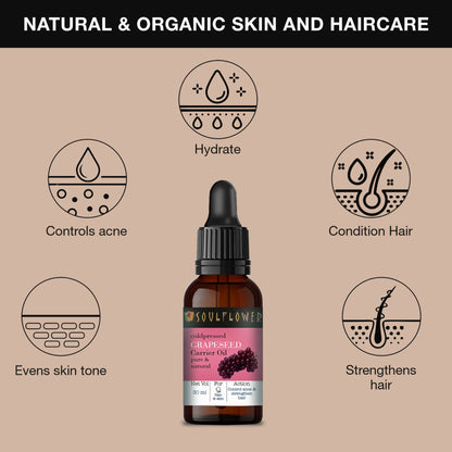 Soulflower Organic Grapeseed Face Serum & Carrier Hair Oil For Glowing Skin, Acne, Cold-Pressed
