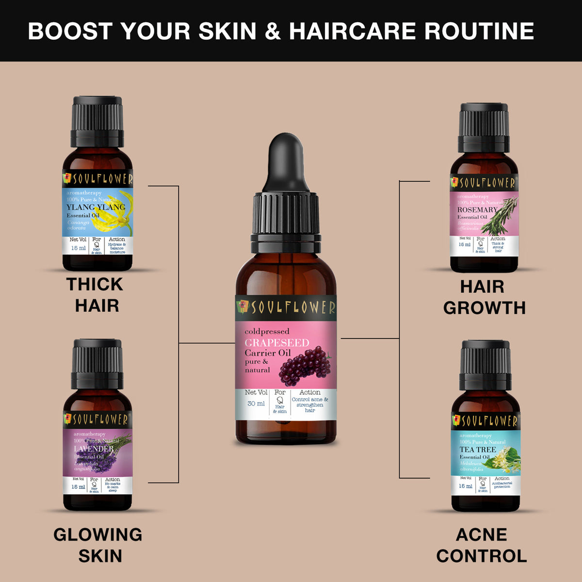 Soulflower Organic Grapeseed Face Serum & Carrier Hair Oil For Glowing Skin, Acne, Cold-Pressed