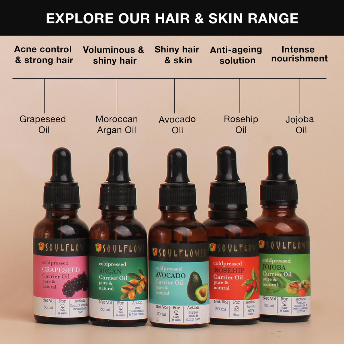 Soulflower Organic Grapeseed Face Serum & Carrier Hair Oil For Glowing Skin, Acne, Cold-Pressed