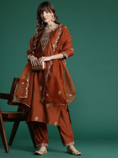 Indyancart IE Floral Embroidered Liva Kurta with Trousers & With Dupatta