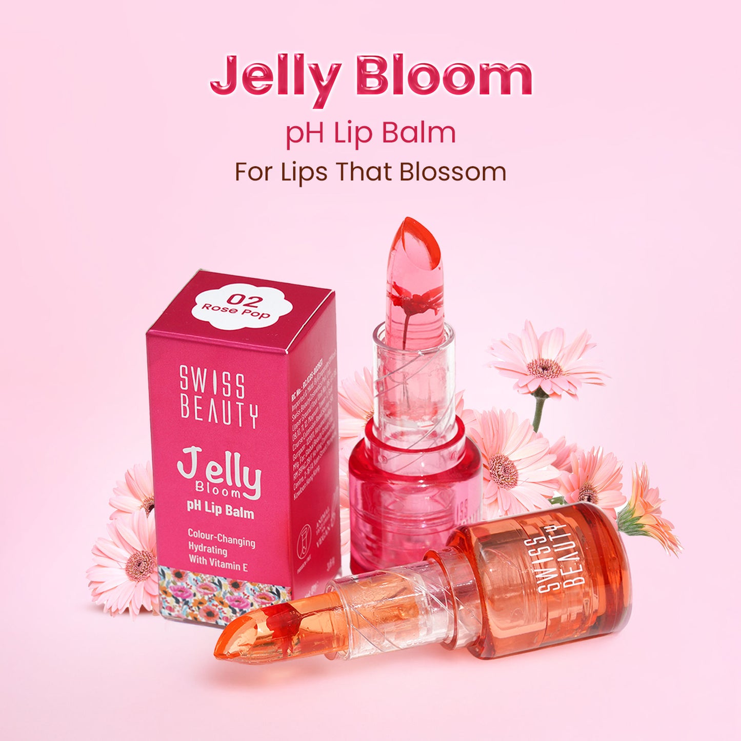 Swiss Beauty Jelly Bloom PH Lip Balm, Colour-Changing Tint, Hydrating With Vitamin E