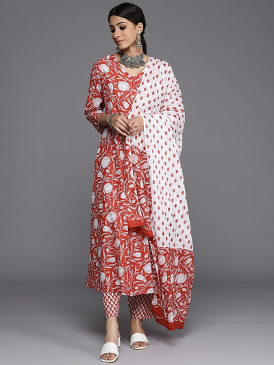 Indyancart VA Women's Red Ethnic Motifs Printed Pure Cotton Kurta with Trousers & Dupatta