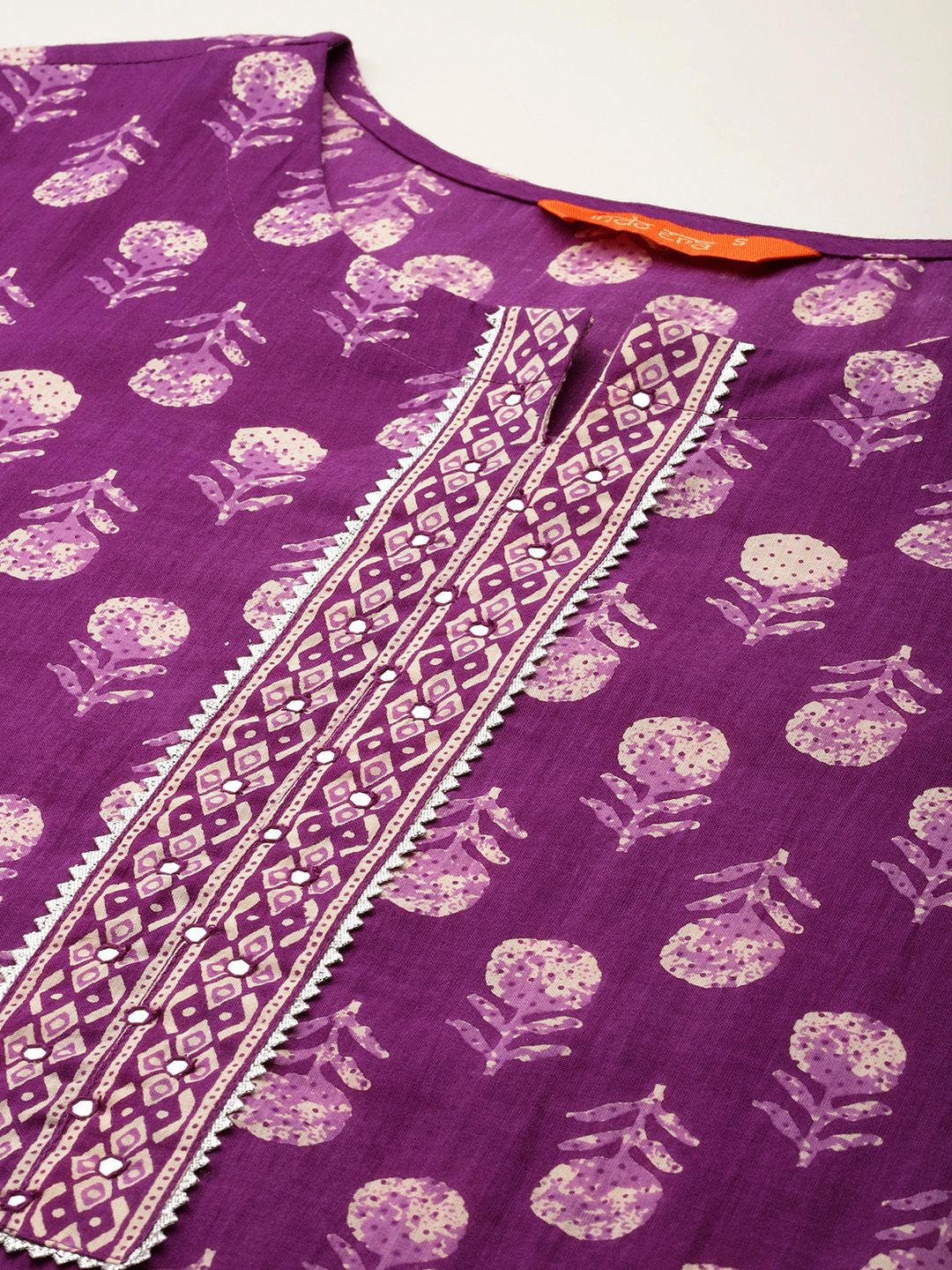 Indyancart IE Floral Printed Mirror Work Pure Cotton Kurta With Trousers & Dupatta
