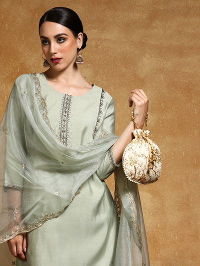 Indyancart VA Women'sFloral Yoke Design Sequinned Straight Kurta With Trousers And Dupatta