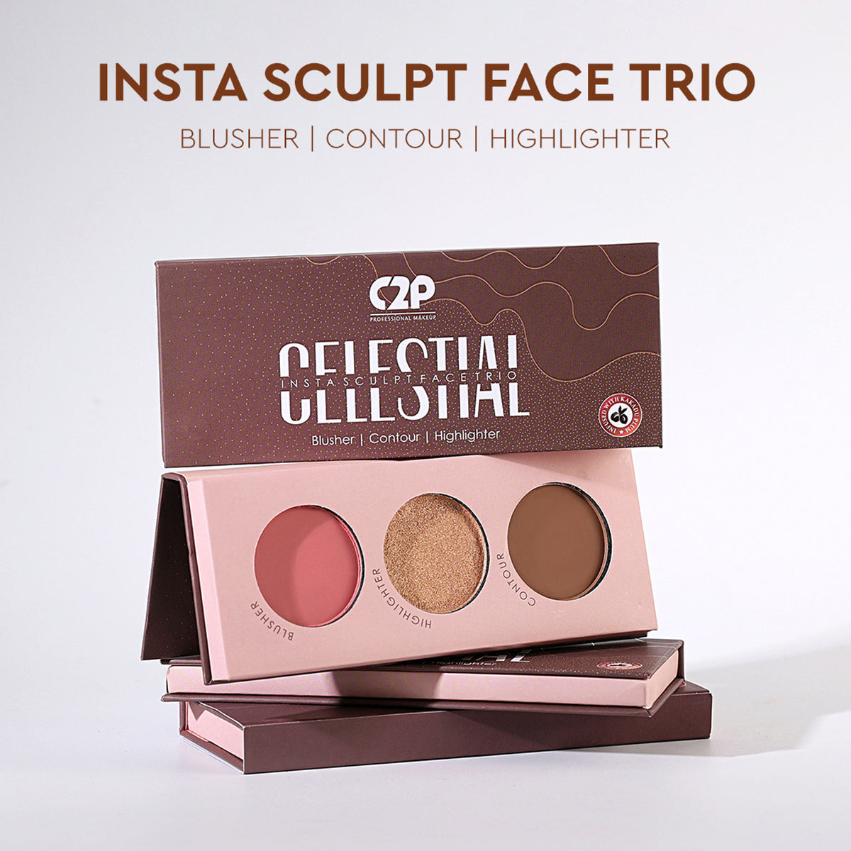 C2P Pro Celestial 3-in-1 blush, contour, and highlighter face palette with highly pigmented shades and celestial-themed packaging.