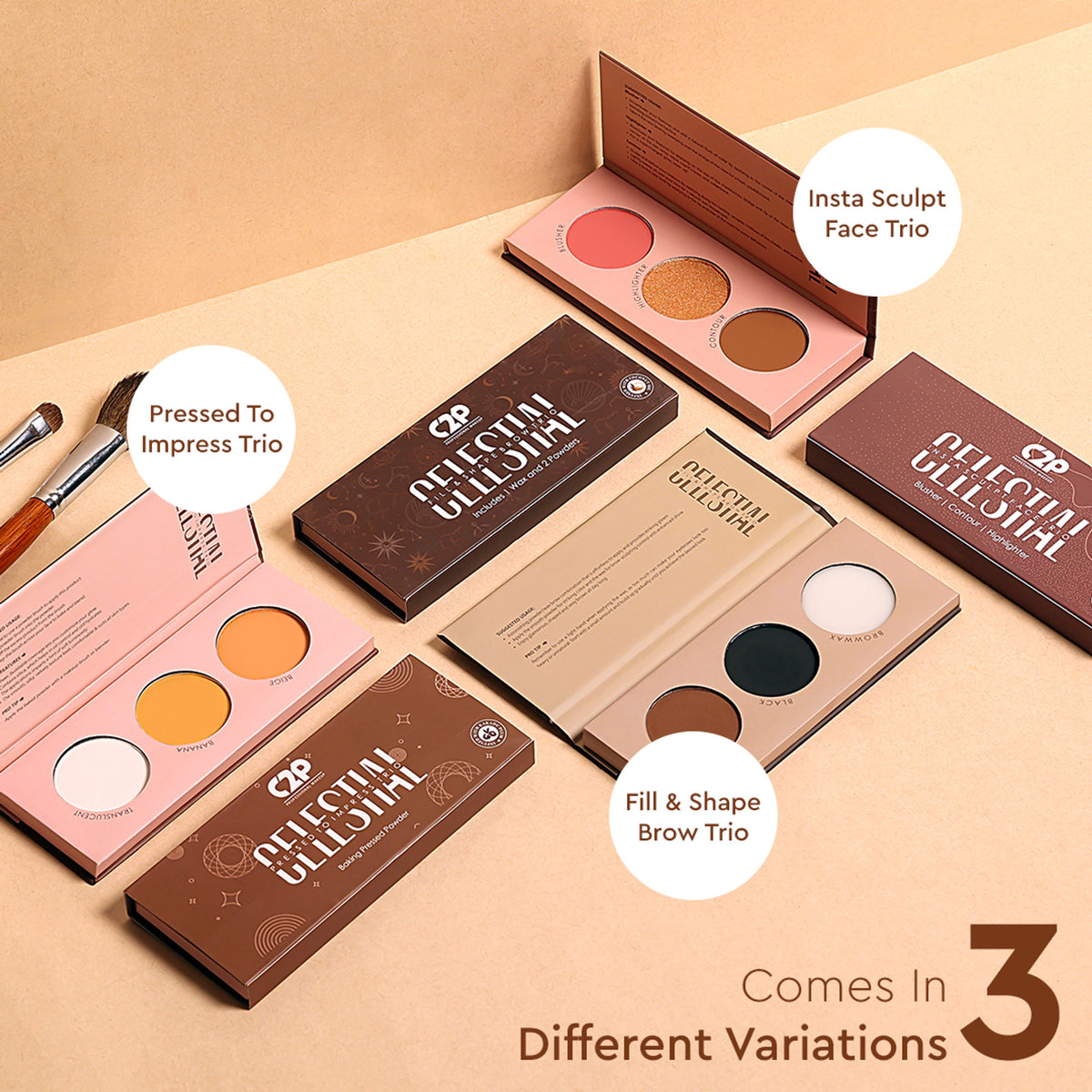 C2P Pro Celestial 3-in-1 blush, contour, and highlighter face palette with highly pigmented shades displayed in the image.
