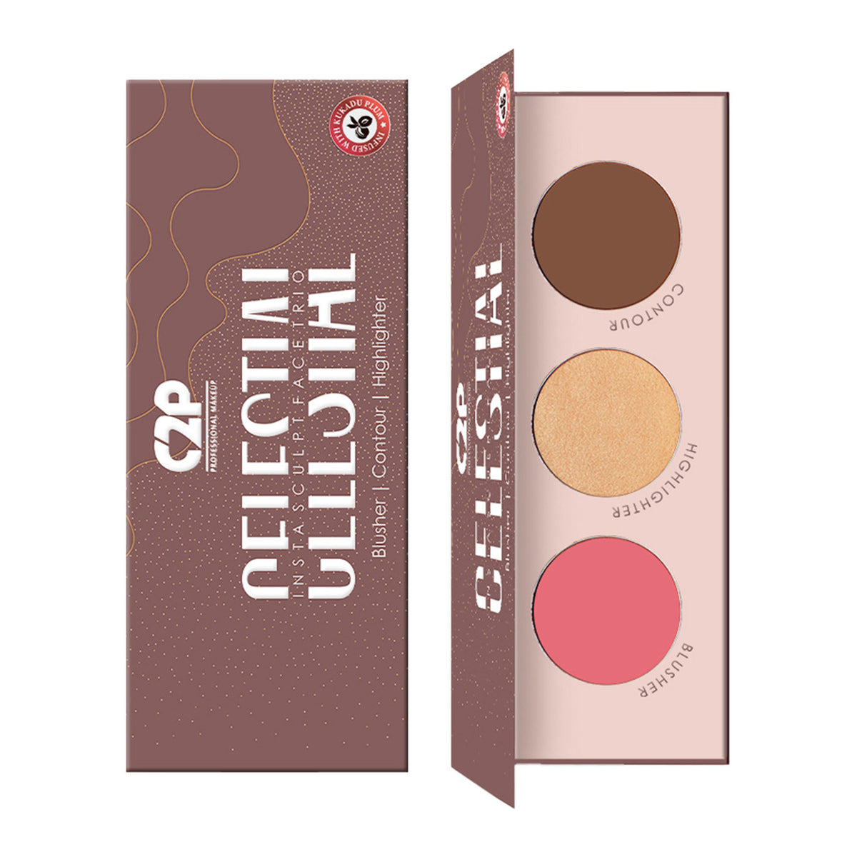 C2P Pro Celestial 3-in-1 blush, contour, highlighter face palette with highly pigmented powders, featuring warm and luminous shades.