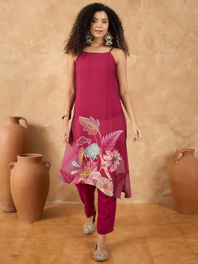 Indyancart VA Women'sSpaghetti Tie Up Strap Floral Kurta with Trousers