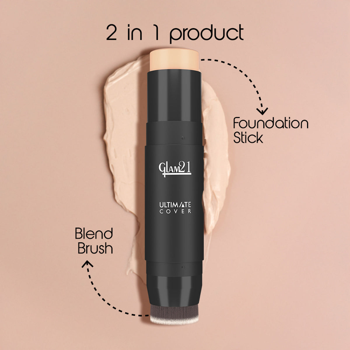 GLAM21 Ultimate Cover Foundation Stick in Soft Beige, close-up of the stick with smooth, creamy texture and packaging.
