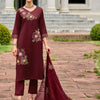 Indyancart IE Maroon Floral Embroidered Thread Work Kurta with Trousers & Dupatta