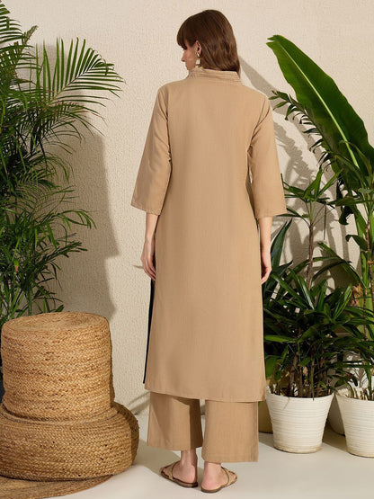 Adults-Women Woven Design Embroidered Cotton Kurta with Palazzos
